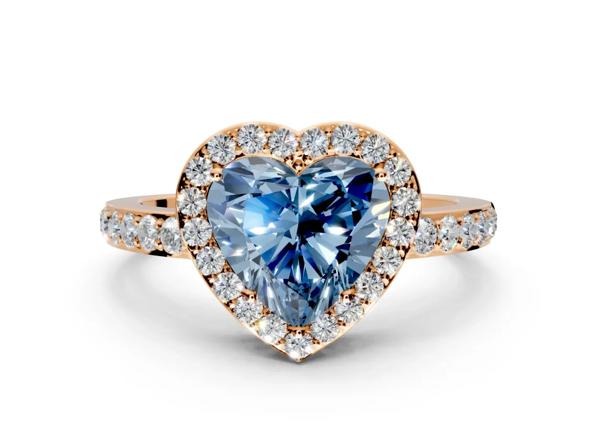Halo Engagement Ring Setting for Fancy Blue Heart-Shaped Center with Heart-Shaped Openwork, Pave Band and Prong Head in Rose Gold