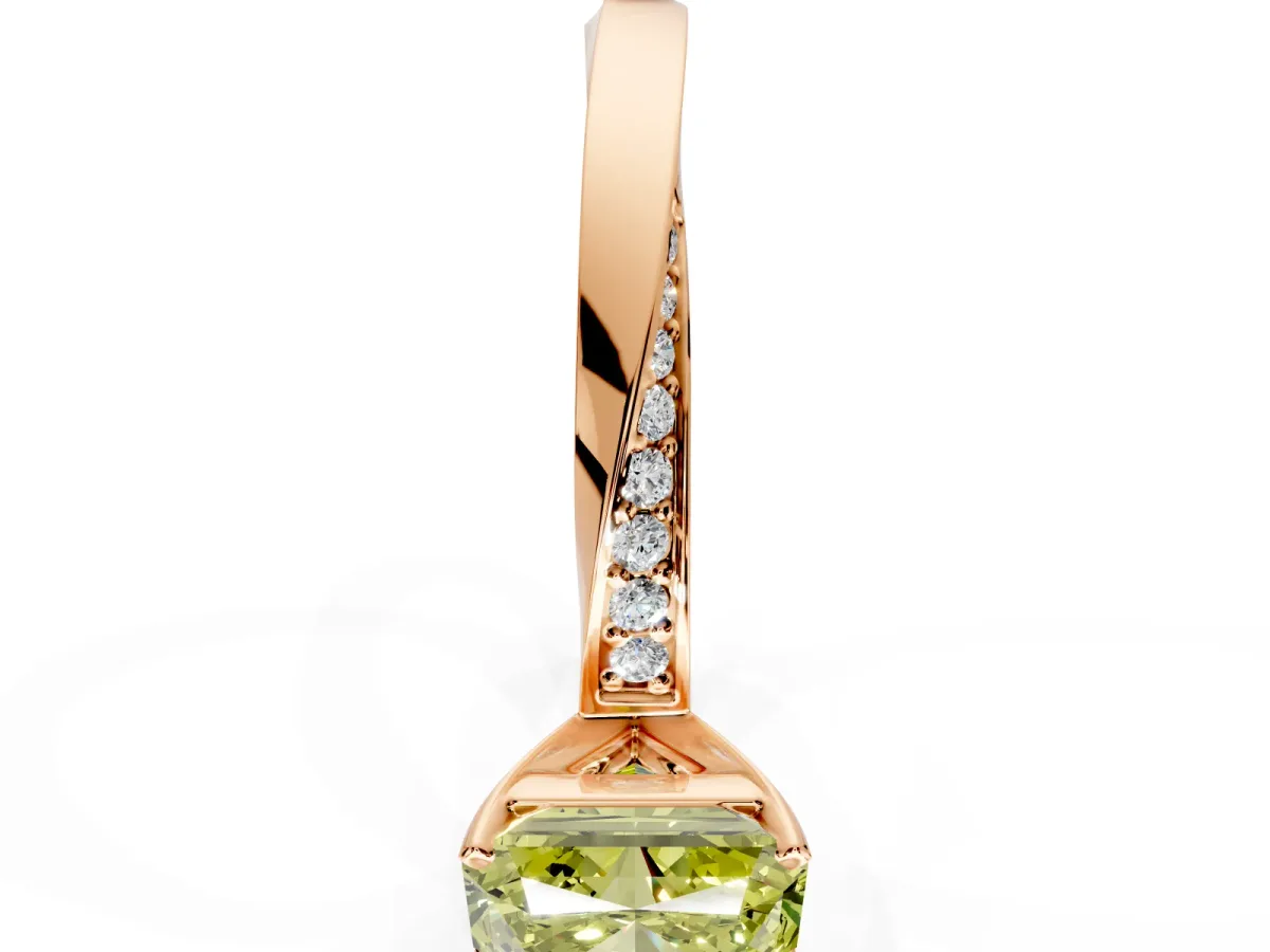 Side Accent Engagement Ring Setting for Fancy Yellow Radiant Cut Center with Accent Shoulders and Prong Head in Rose Gold
