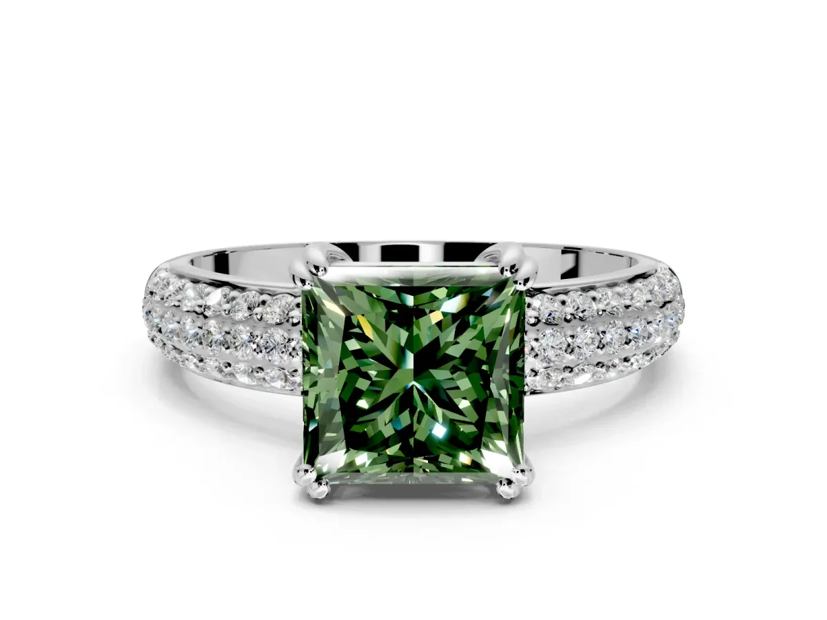 Solitaire Engagement Ring Setting for Fancy Green Princess Cut Center with Multi-Row Pave Accents and Basket Head in Platinum