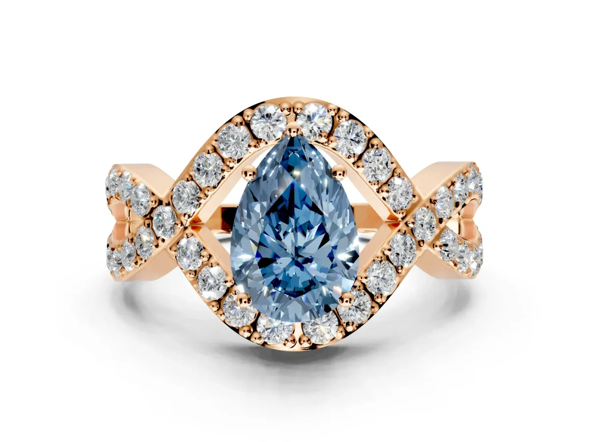 Halo Engagement Ring Setting for Fancy Blue Pear-Shaped Center with Pave Infinity Twist Band and Prong Head in Rose Gold