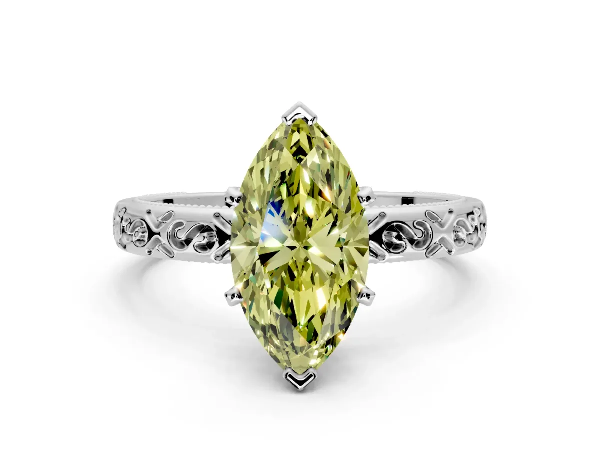 Solitaire Engagement Ring Setting for Fancy Yellow Marquise Center with Scrollwork Band and Prong Head in Sterling Silver