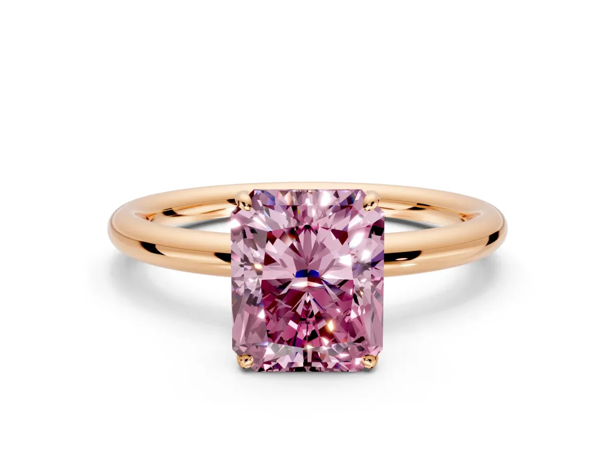 Low-Set Solitaire Engagement Ring Setting for Fancy Pink Radiant Cut Center with Thin Plain Band and Prong Head in Rose Gold