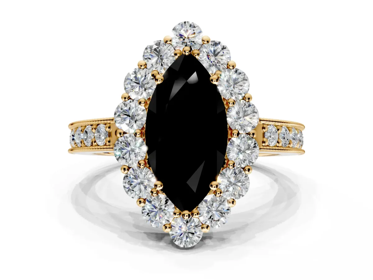 Halo Engagement Ring Setting for Fancy Black Marquise Center with Milgrain Channel Band and Prong Head in Yellow Gold