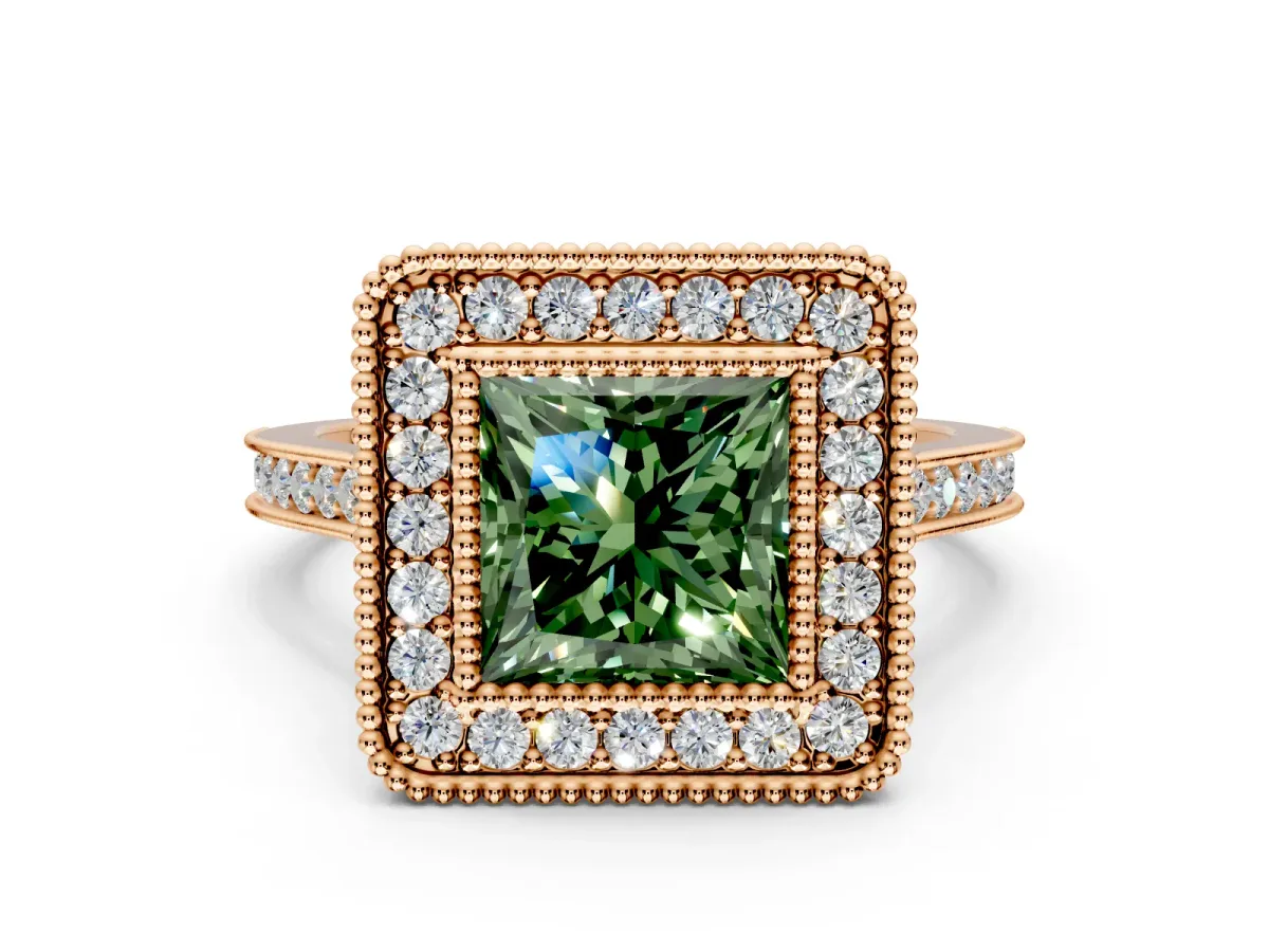 Halo Engagement Ring Setting for Fancy Green Princess Cut Center with Milgrain Frame, Pave Band and Prong Head in Rose Gold