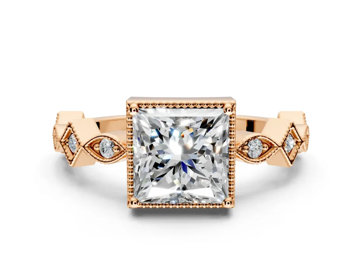 Milgrain Bezel Engagement Ring Setting for Princess Cut Center with Marquise Stations and Bezel Head in Rose Gold