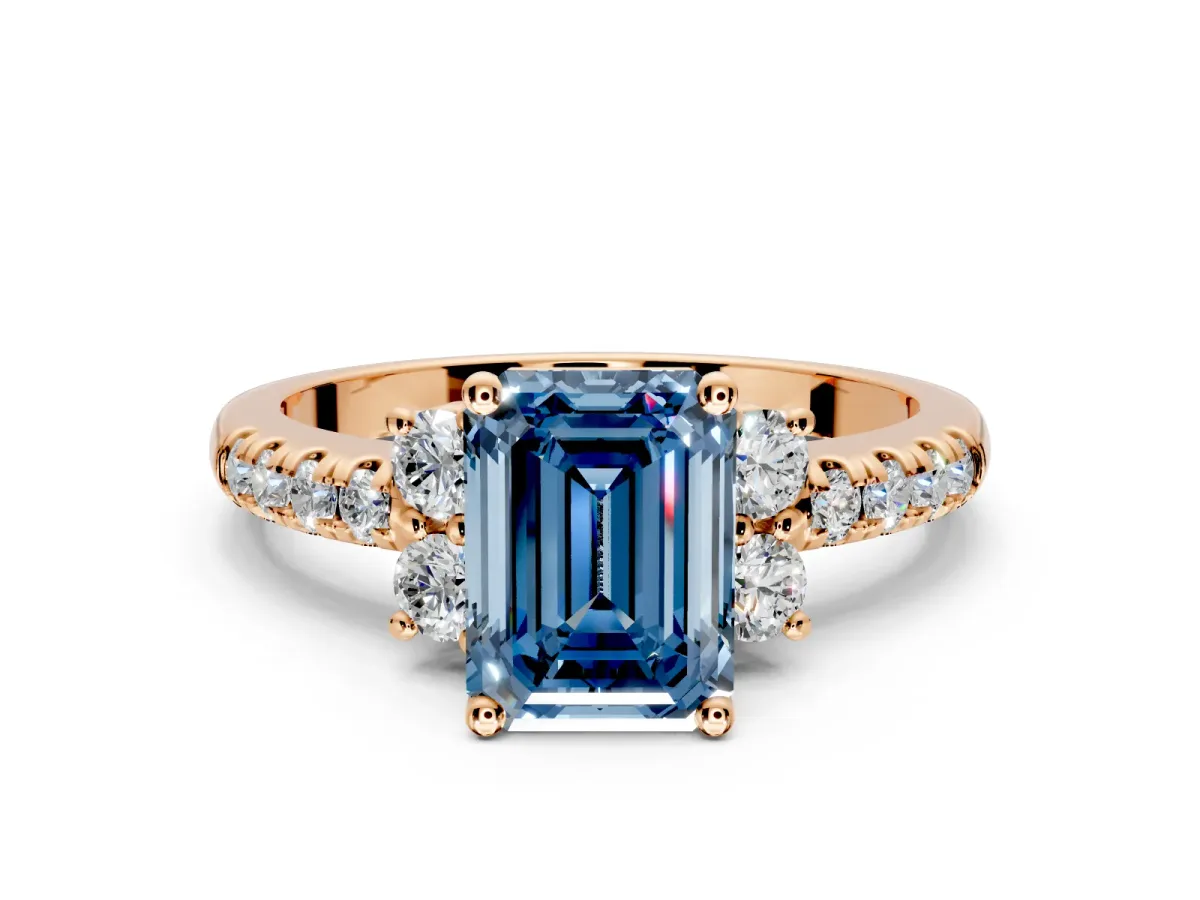 Paired Accent Engagement Ring Setting for Fancy Blue Emerald Cut Center with Pave Band and Prong Head in Rose Gold