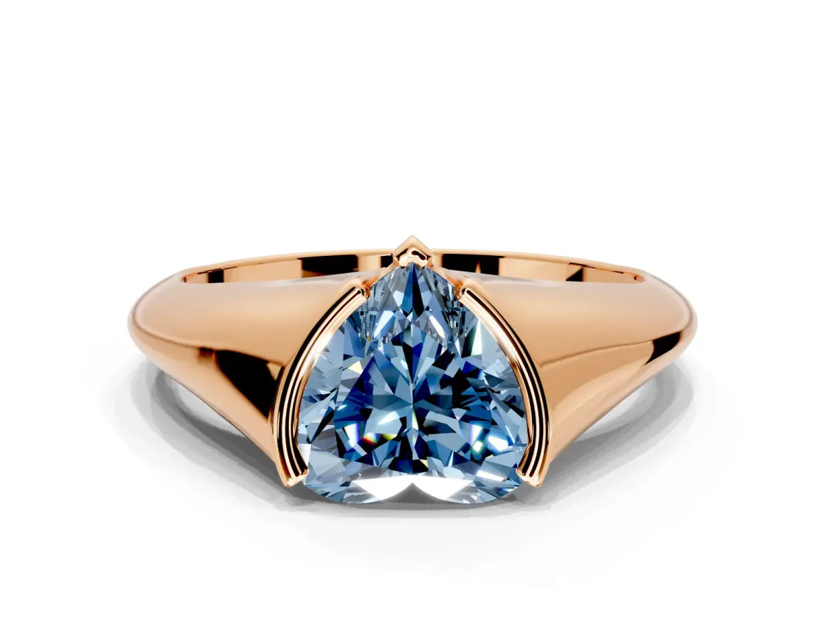 Tension Engagement Ring Setting for Fancy Blue Heart-Shaped Center with Wide Tapered Band and Tension Head in Rose Gold