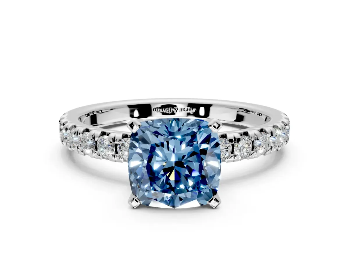 Solitaire Engagement Ring Setting for Fancy Blue Cushion Cut Center with Large Accents and Prong Head in Sterling Silver