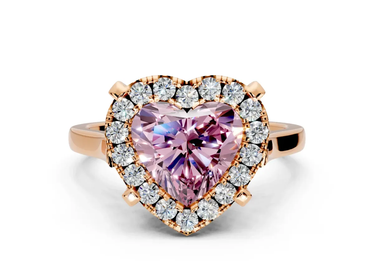 Single Halo Engagement Ring Setting for Fancy Pink Heart-Shaped Center with Corner Claws, Plain Band and Prong Head in Rose Gold