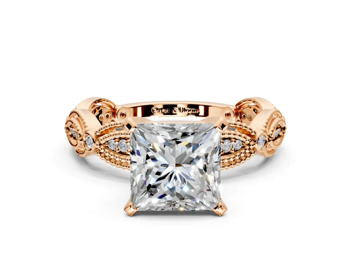 Solitaire Engagement Ring Setting for Princess Cut Center with Marquise Panel Band and Prong Head in Rose Gold