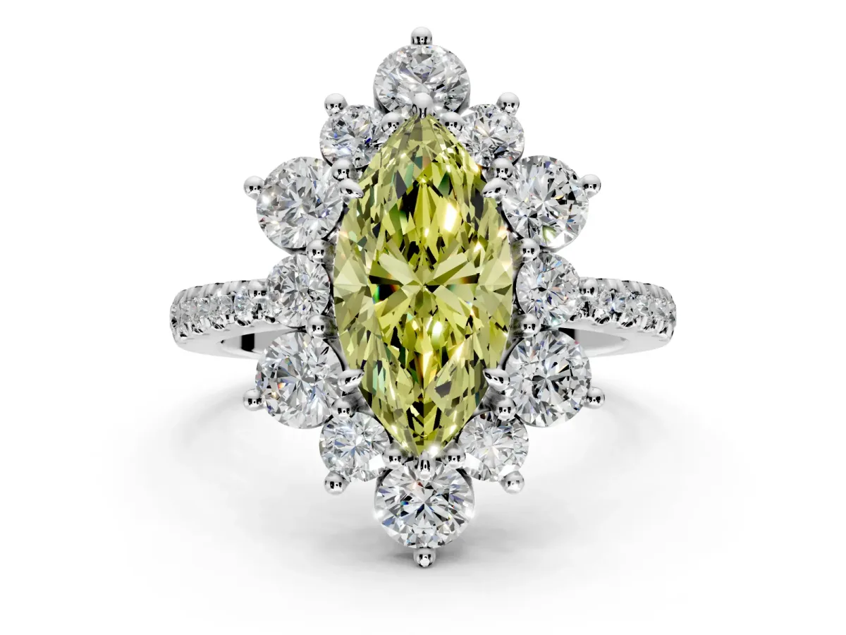Floral Halo Engagement Ring Setting for Fancy Yellow Marquise Center with Pave Accents and Prong Head in Sterling Silver