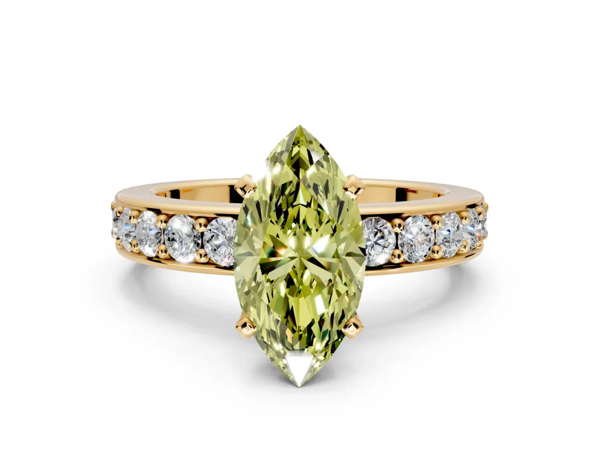 Solitaire Engagement Ring Setting for Fancy Yellow Marquise Center with Channel-Set Accents and Prong Head in Yellow Gold