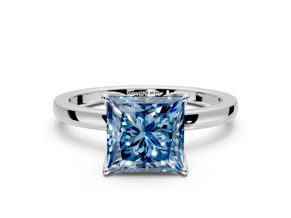 Solitaire Engagement Ring Setting for Fancy Blue Princess Cut Center with Thin Rounded Plain Band and Prong Head in Platinum