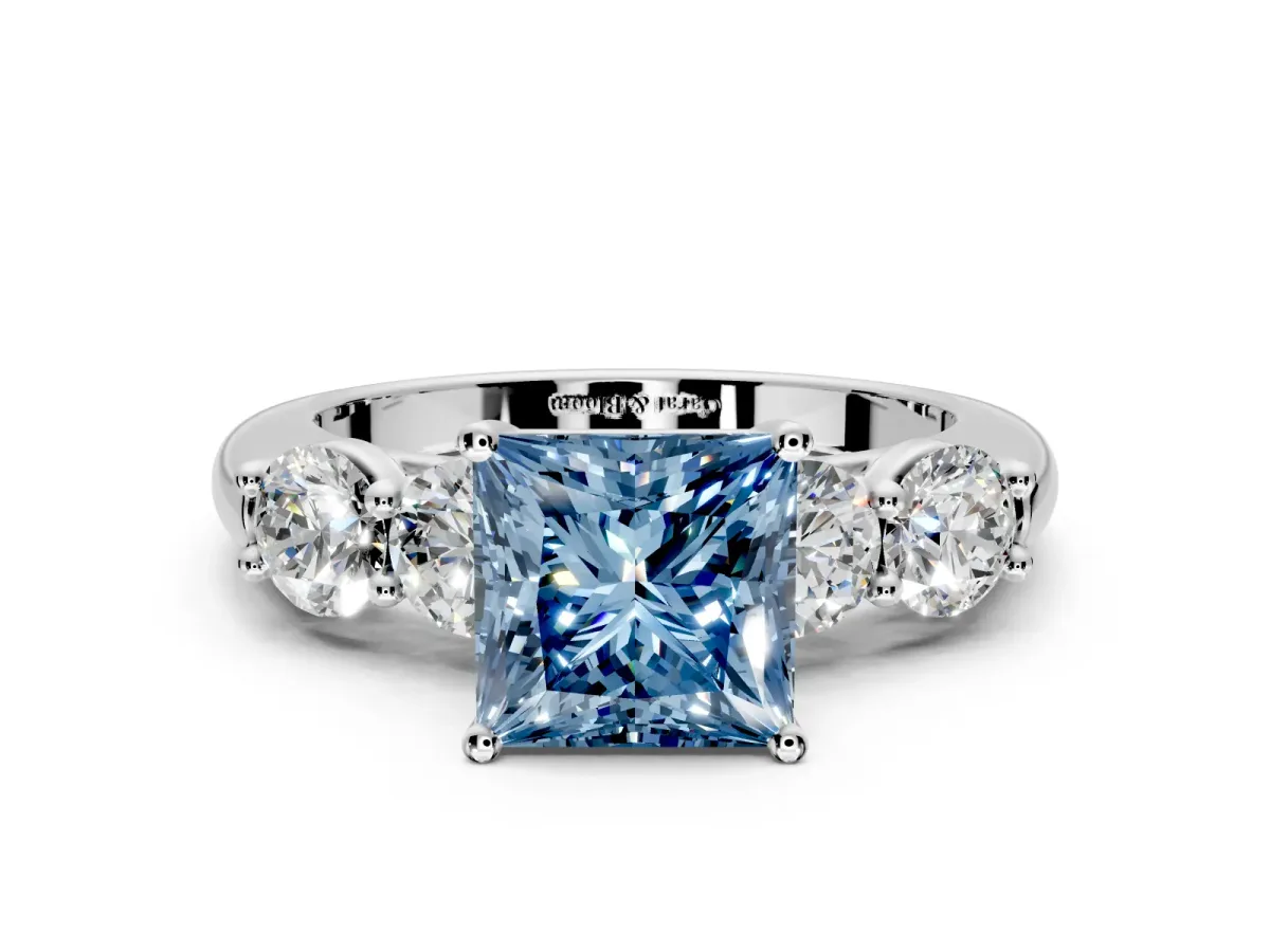 5 Stone Engagement Ring Setting for Fancy Blue Princess Cut Center with Graduated Accents and Prong Head in Platinum