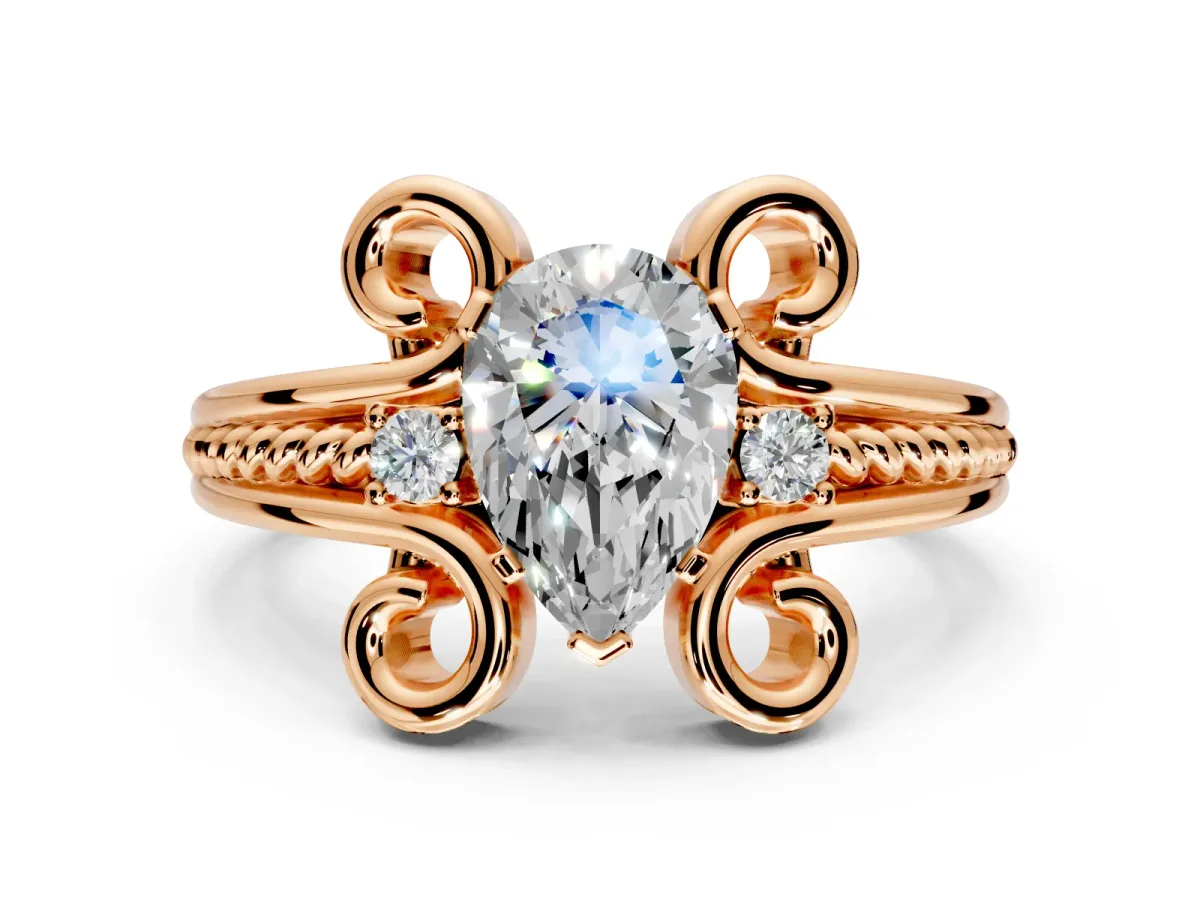 Solitaire Engagement Ring Setting for Pear-Shaped Center with Twisted Band and Scroll Prong Head in Rose Gold