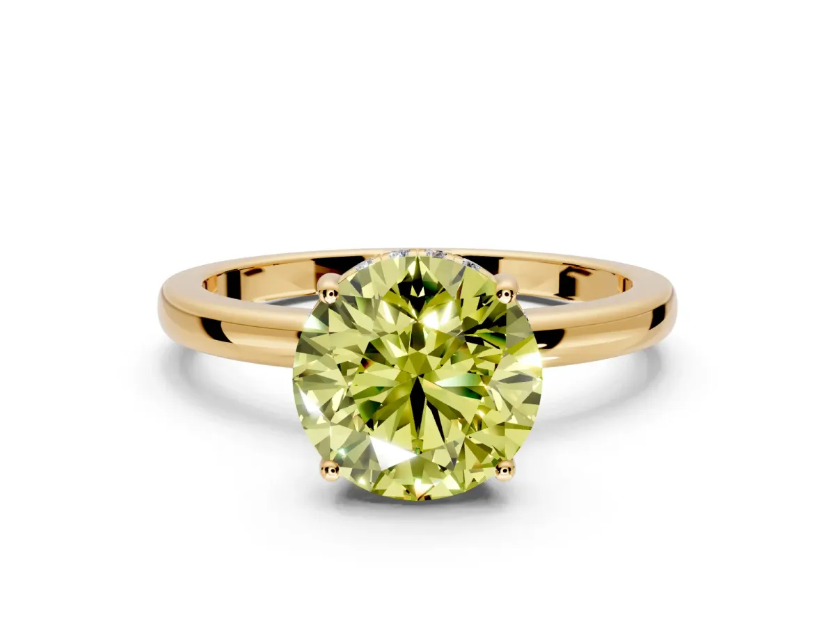 Solitaire Engagement Ring Setting for Fancy Yellow Round Cut Center with Fine Wire Band and Prong Head in Yellow Gold