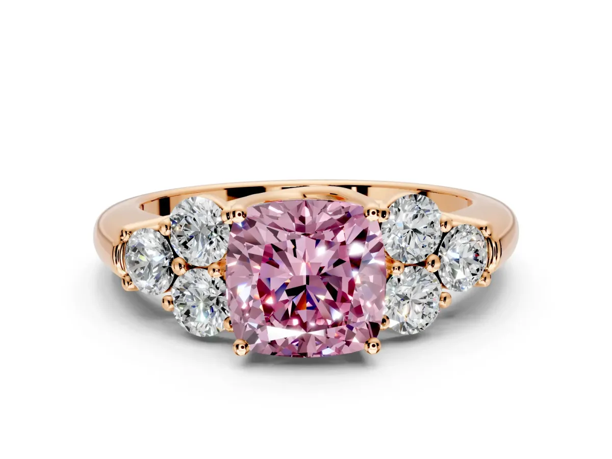 Cluster Engagement Ring Setting for Fancy Pink Cushion Cut Center with Round Cut Accent Frame and Prong Head in Rose Gold