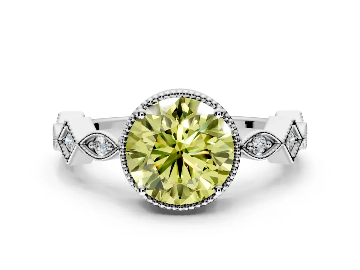 Milgrain Bezel Engagement Ring Setting for Fancy Yellow Round Cut Center with Marquise Stations and Bezel Head in Sterling Silver