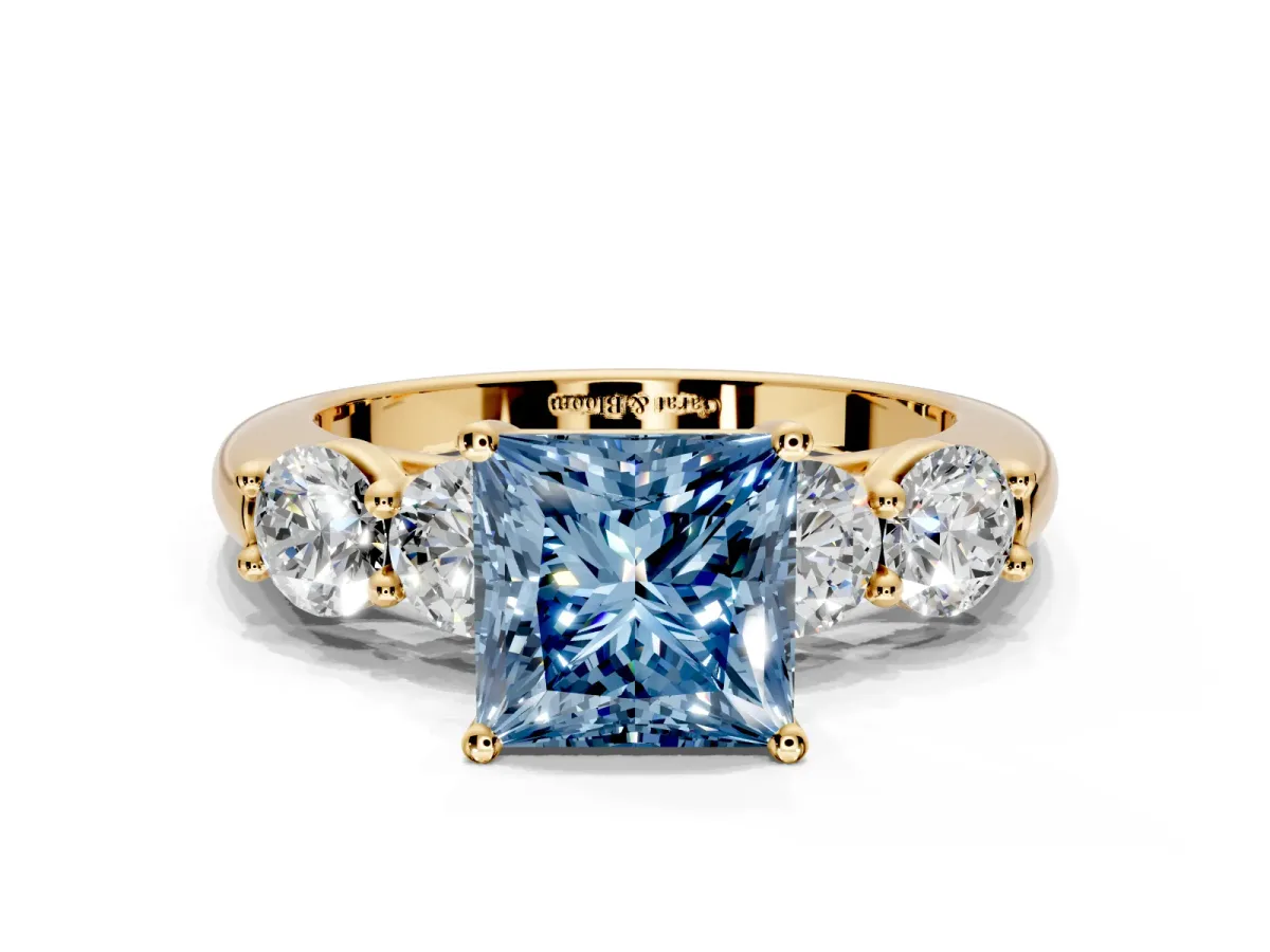 5 Stone Engagement Ring Setting for Fancy Blue Princess Cut Center with Graduated Accents and Prong Head in Yellow Gold