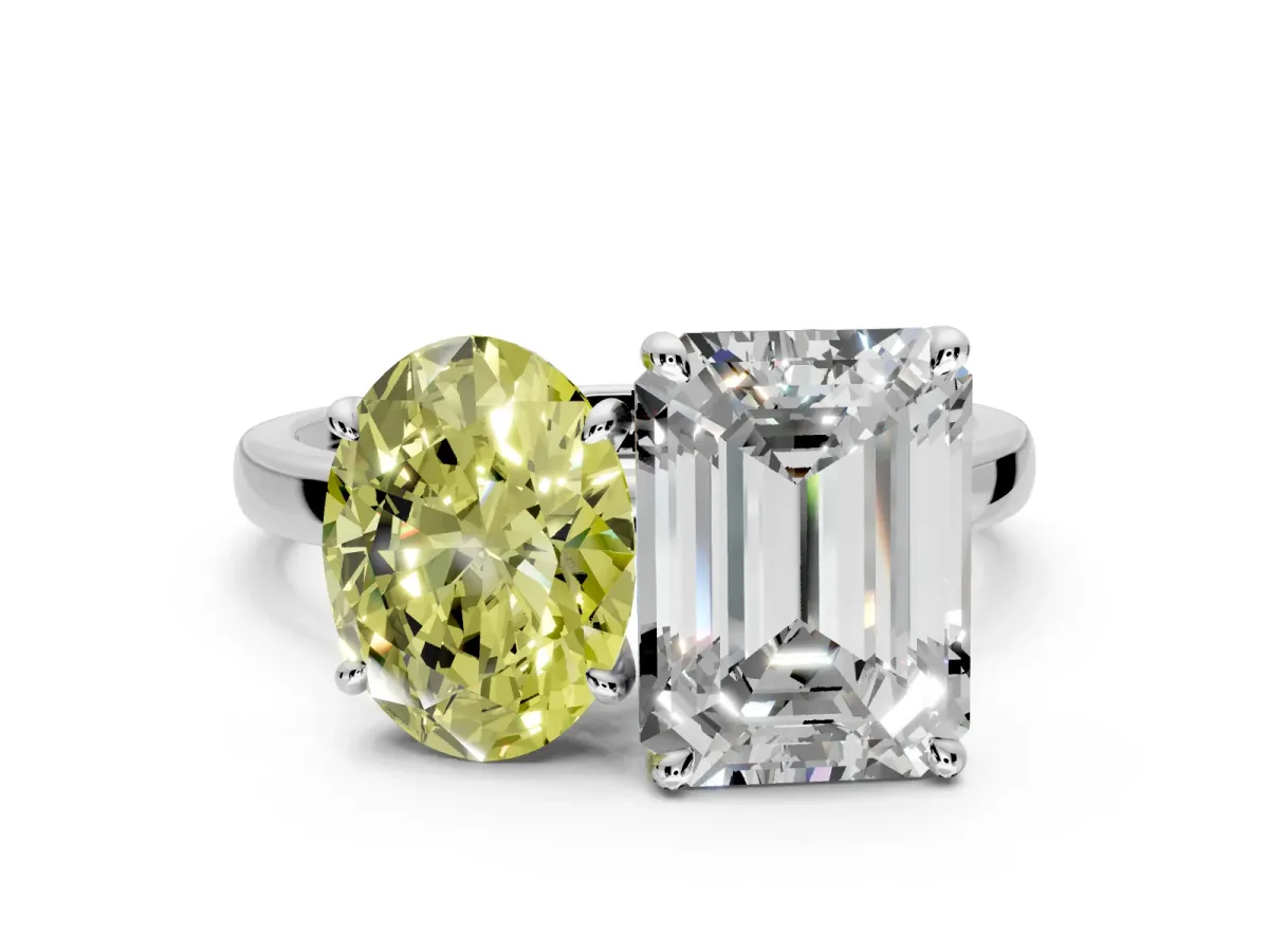 Fancy Yellow Oval and Emerald Cut Lab-Grown Diamond Toi et Moi Engagement Ring with Prong-Set Stones in White Gold