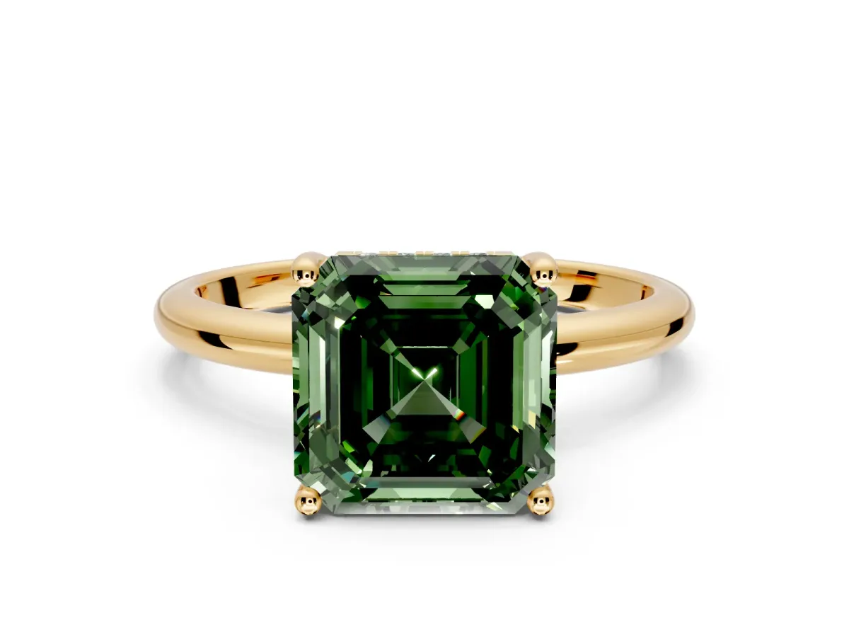 Hidden Halo Engagement Ring Setting for Fancy Green Asscher Cut Center with Thin Round-Wire Band and Prong Head in Yellow Gold