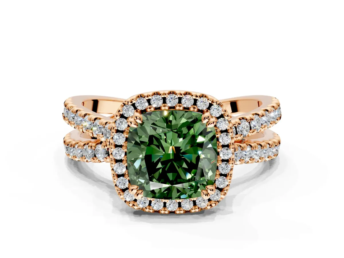 Halo Engagement Ring Setting for Fancy Green Cushion Cut Center with Double Pave Split Shank and Prong Head in Rose Gold