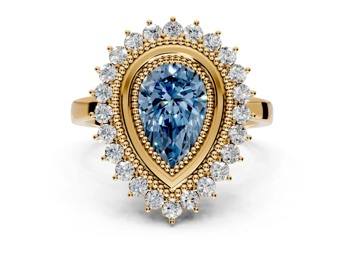 Halo Engagement Ring Setting for Fancy Blue Pear-Shaped Center with Milgrain Bezel Rim, Plain Band and Prong Head in Yellow Gold