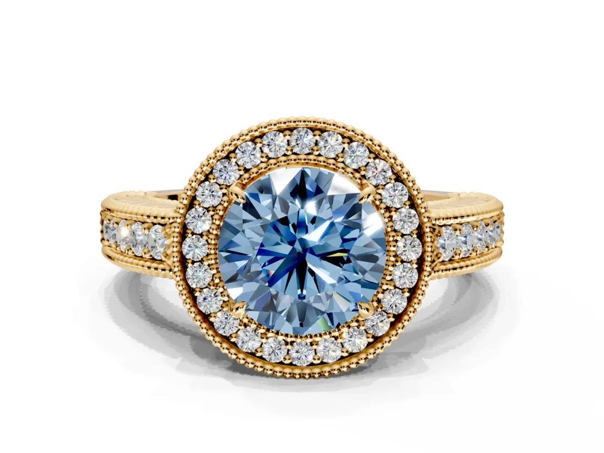 Milgrain Halo Engagement Ring Setting for Fancy Blue Round Cut Center with Pave Band and Prong Head in Yellow Gold