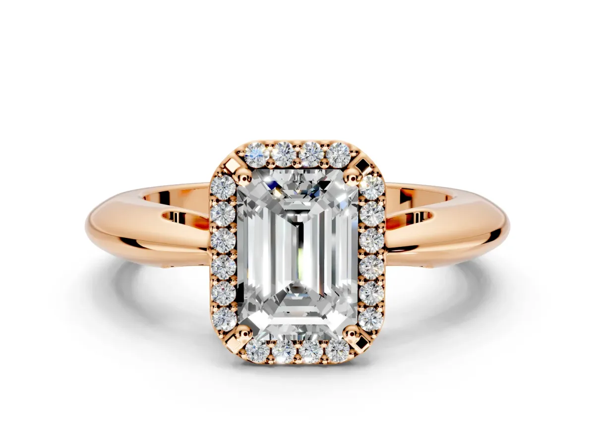 Halo Engagement Ring Setting for Emerald Cut Center with Tapered Plain Band and Prong Head in Rose Gold