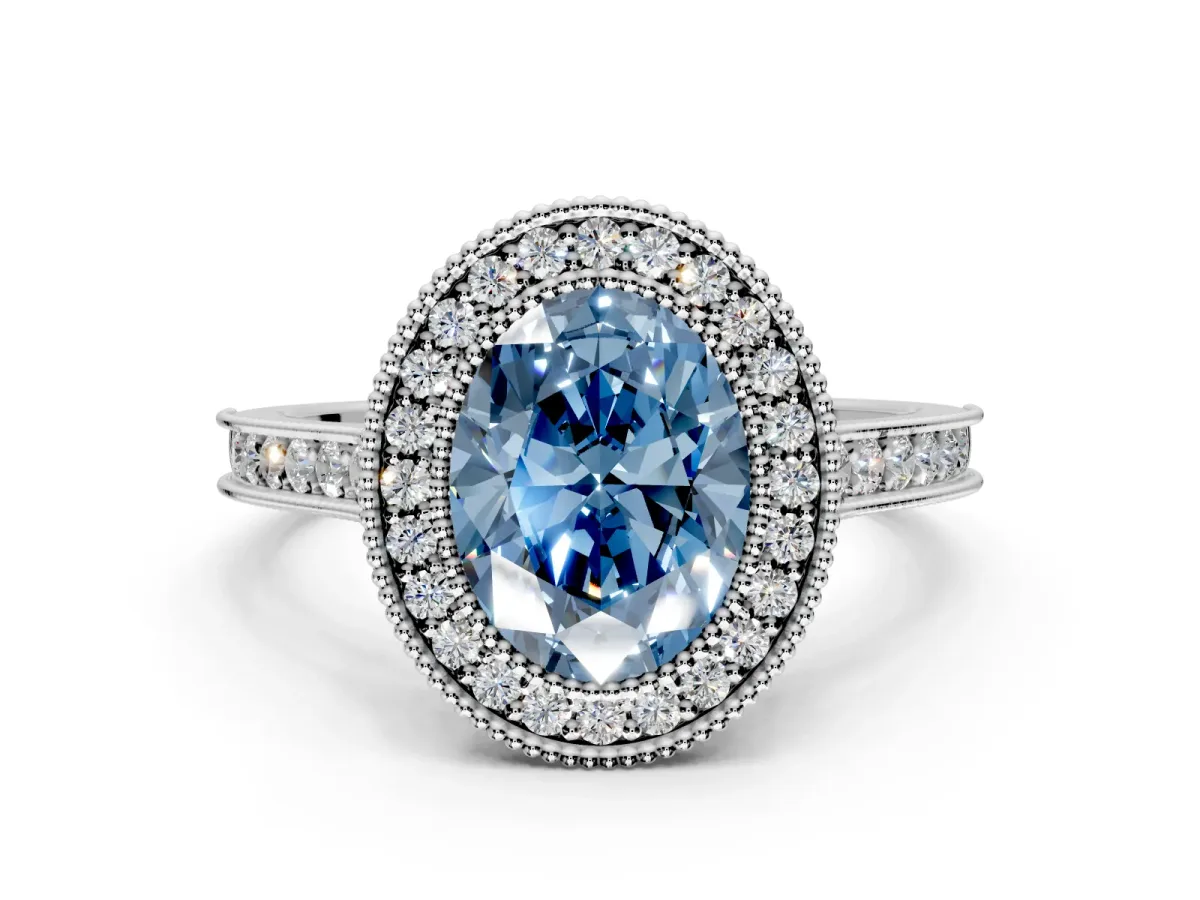 Halo Engagement Ring Setting for Fancy Blue Oval Center with Milgrain Pave Band and Bezel Head in Sterling Silver