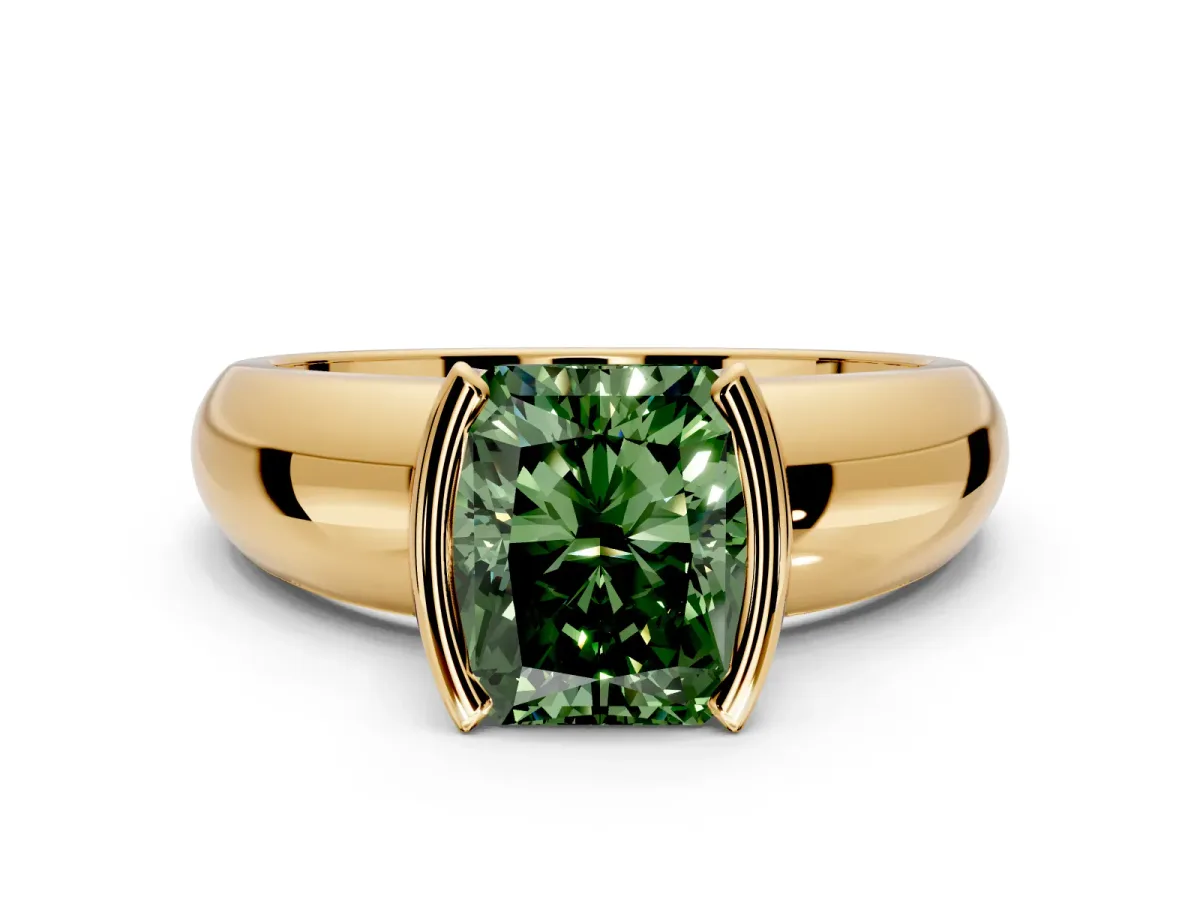 Tension Engagement Ring Setting for Fancy Green Radiant Cut Center with Wide Flat Band and Tension Head in Yellow Gold