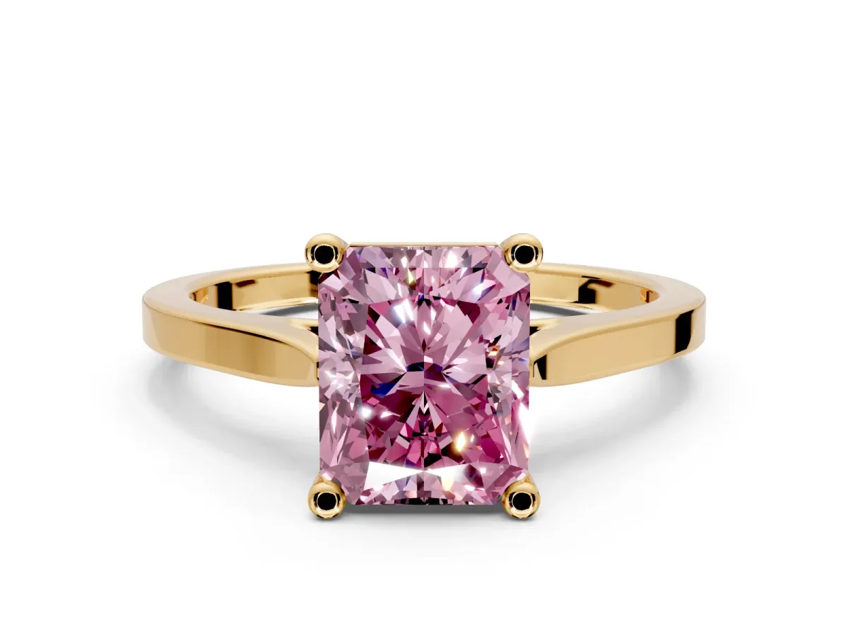 Solitaire Engagement Ring Setting for Fancy Pink Radiant Cut Center with Tapered Shoulders and Prong Head in Yellow Gold