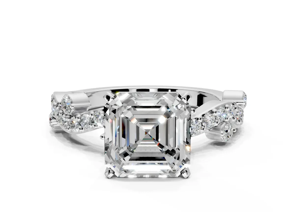 Solitaire Engagement Ring Setting for Asscher Cut Center with Bar-Station Pave Twist and Prong Head in Sterling Silver