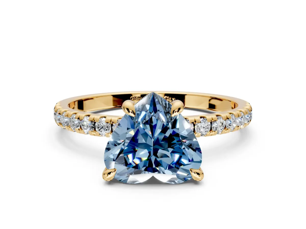 Solitaire Engagement Ring Setting for Fancy Blue Heart-Shaped Center with Fine Pave Narrow Band and Prong Head in Yellow Gold