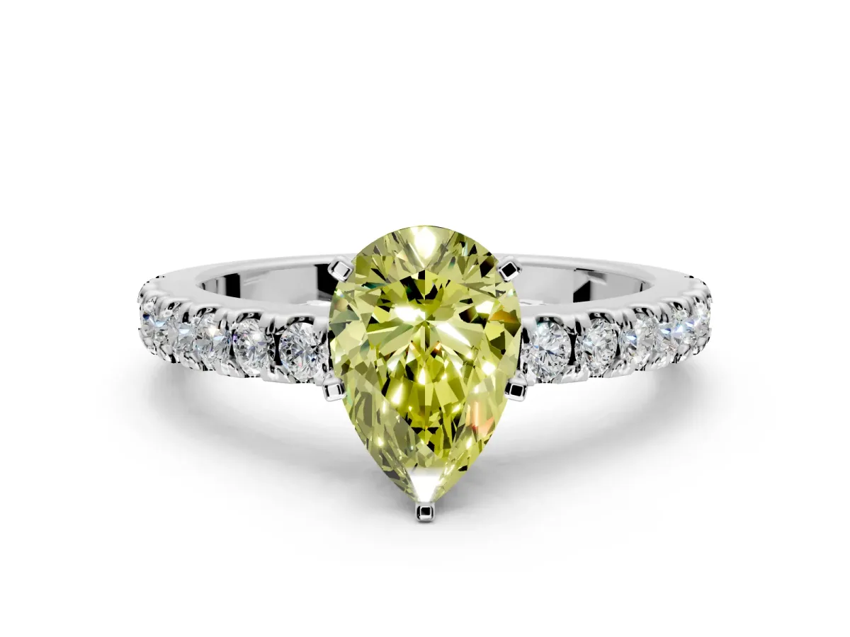 Solitaire Engagement Ring Setting for Fancy Yellow Pear-Shaped Center with Single Row Accent Band and Prong Head in Platinum