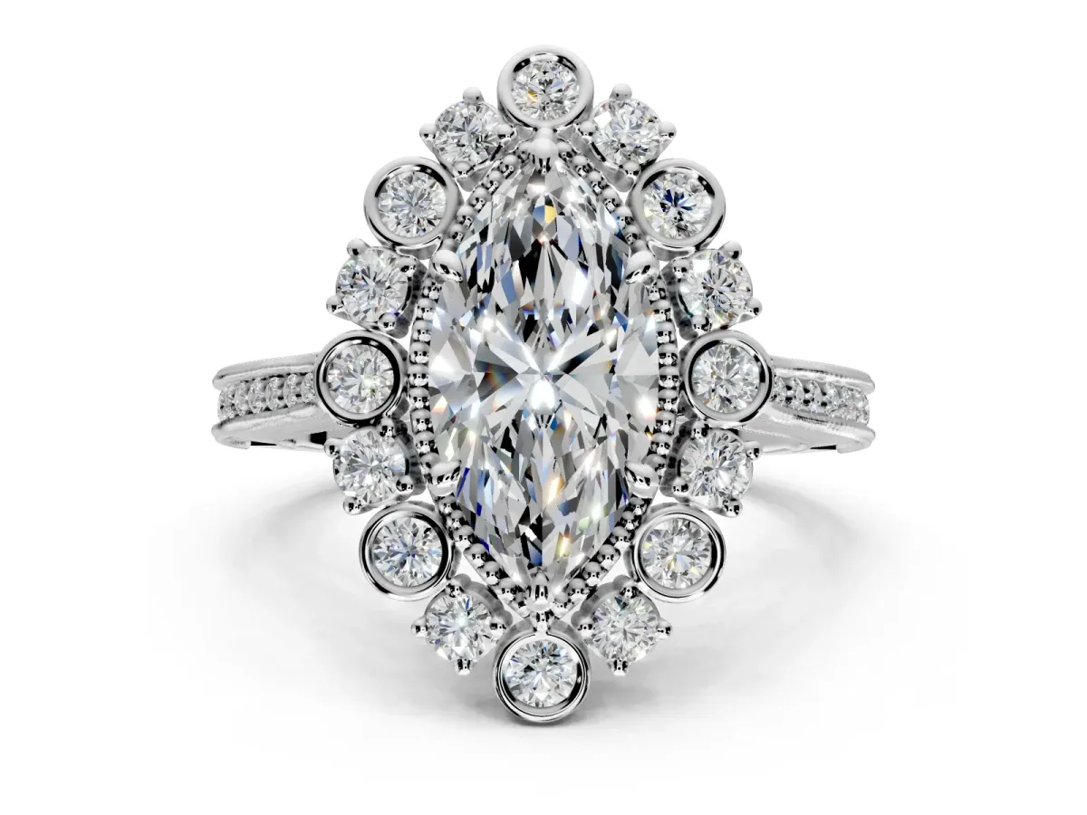 Milgrain Halo Engagement Ring Setting for Marquise Center with Bezel Point Accents and Prong Head in Platinum