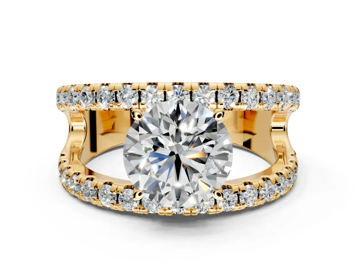 Solitaire Engagement Ring Setting for Round Cut Center with Wide-Open Split Shank and Prong Head in Yellow Gold