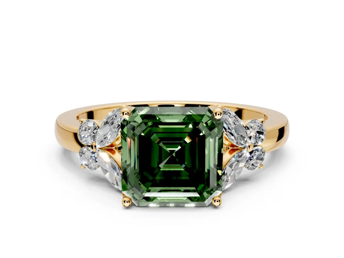 Solitaire Engagement Ring Setting for Fancy Green Asscher Cut Center with Marquise Flower Shoulders and Prong Head in Yellow Gold