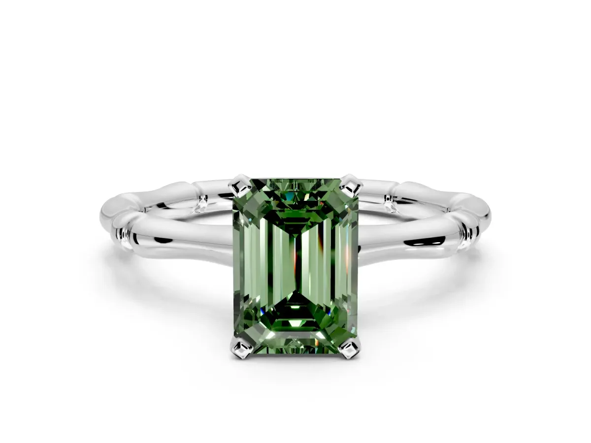 Solitaire Engagement Ring Setting for Fancy Green Emerald Cut Center with Bamboo Band and Prong Head in Platinum