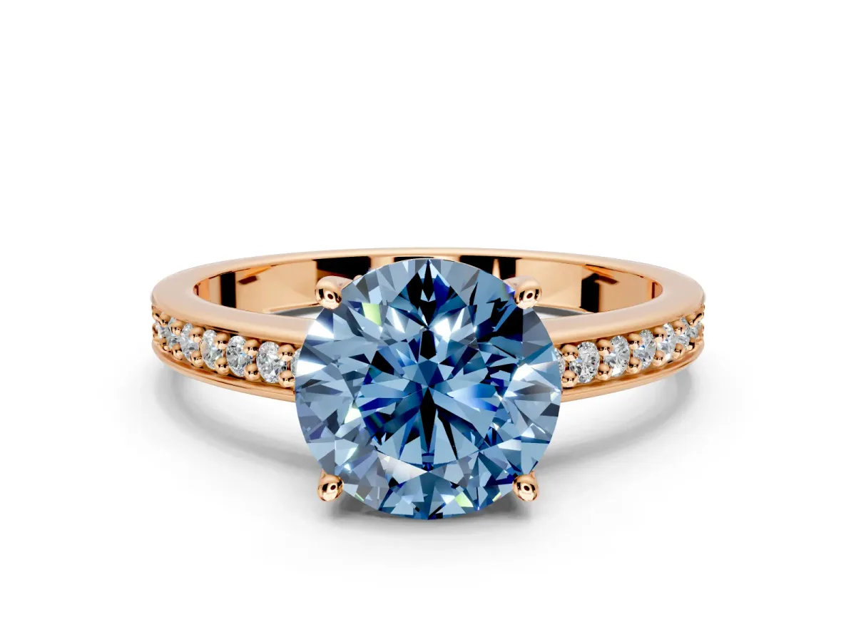 Solitaire Engagement Ring Setting for Fancy Blue Round Cut Center with Channel-Set Accent Band and Prong Head in Rose Gold