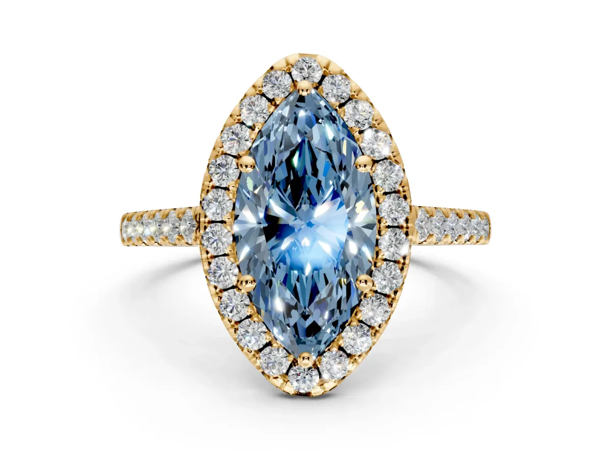 Halo Engagement Ring Setting for Fancy Blue Marquise Center with Narrowing Pave Band and Prong Head in Yellow Gold