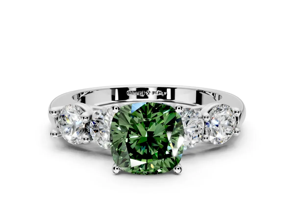 5 Stone Engagement Ring Setting for Fancy Green Cushion Cut Center with Graduated Accents and Prong Head in Platinum