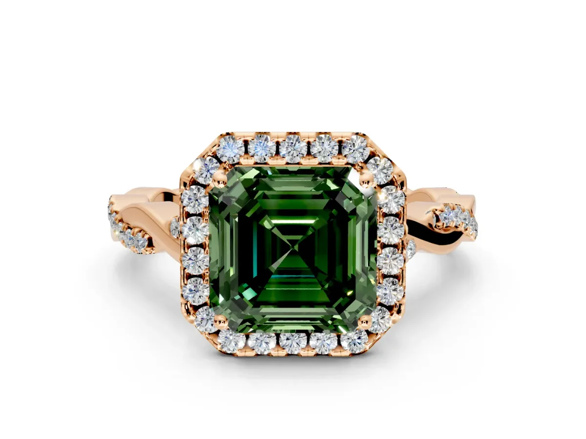 Halo Engagement Ring Setting for Fancy Green Asscher Cut Center with Twist Band and Prong Head in Rose Gold