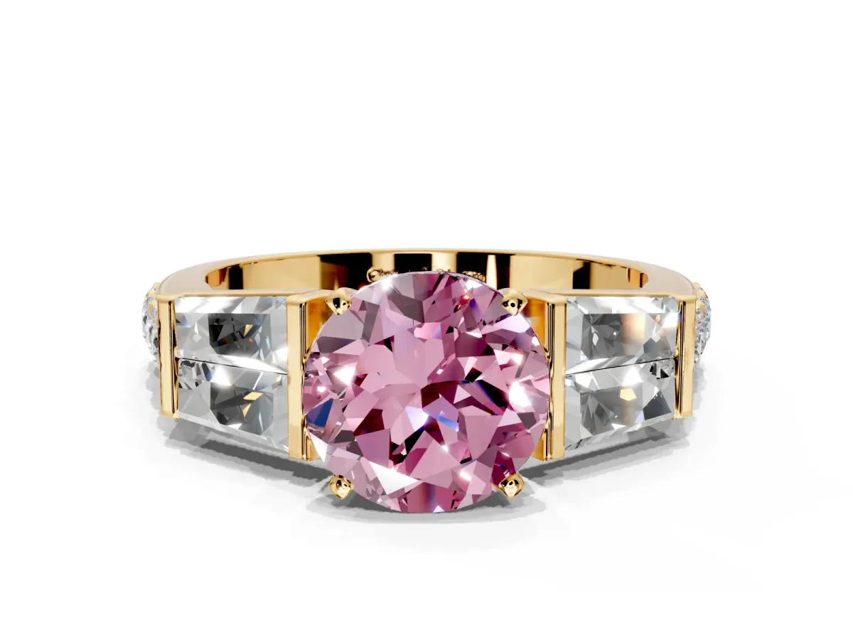 Channel-Set Engagement Ring Setting for Fancy Pink Round Cut Center with Baguette Band and Prong Head in Yellow Gold