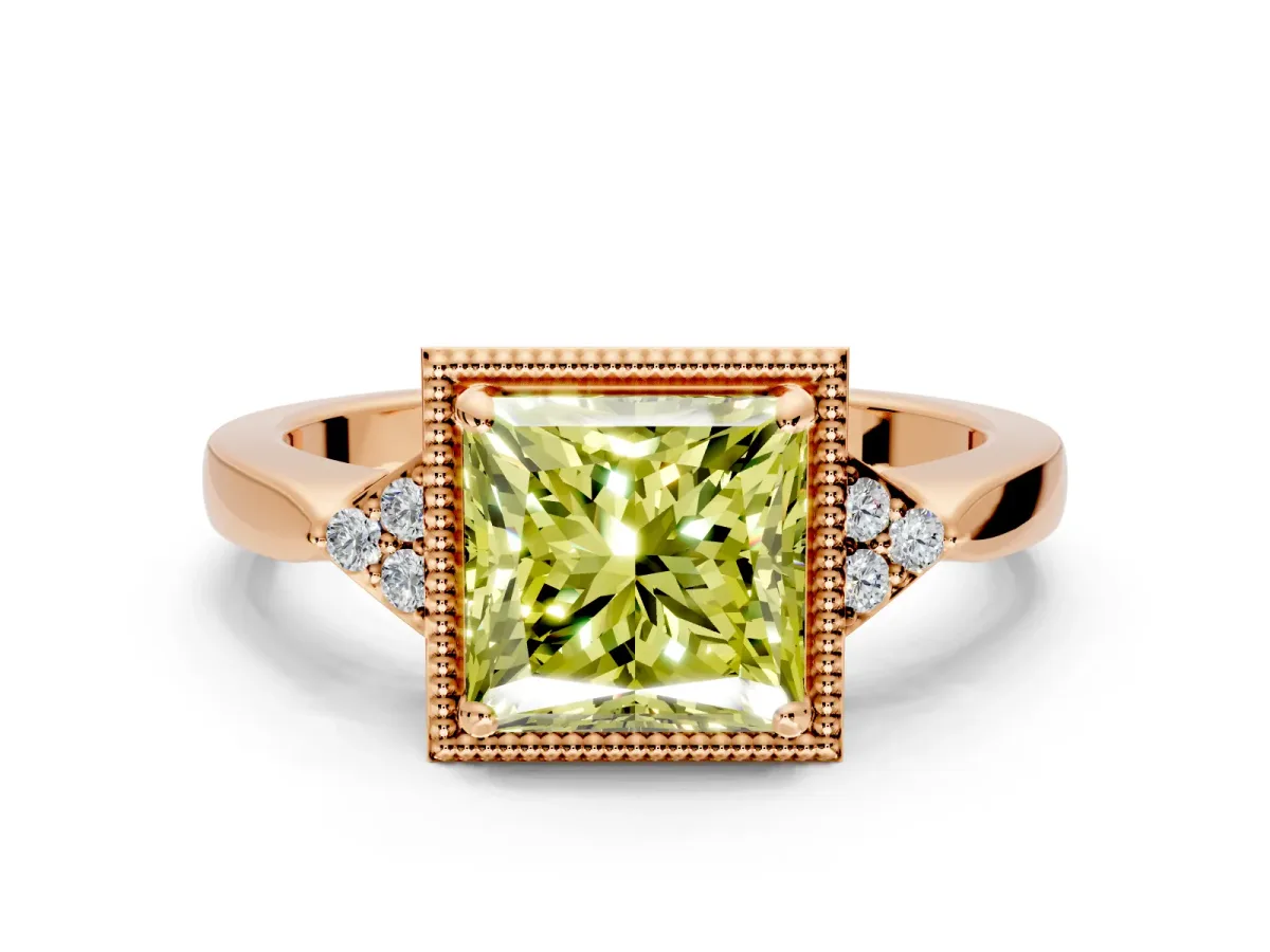 Cluster Engagement Ring Setting for Fancy Yellow Princess Cut Center with Milgrain Shoulder Clusters and Prong Head in Rose Gold