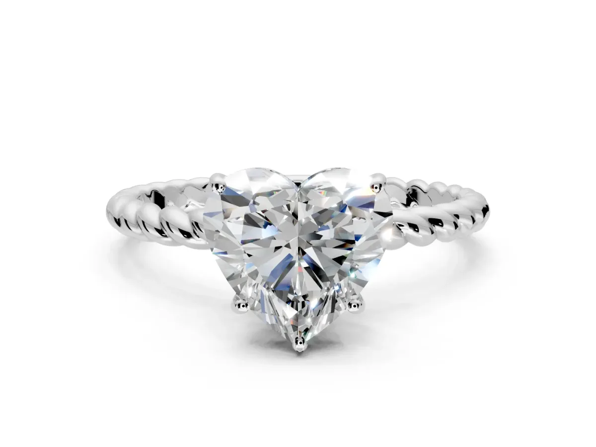 Solitaire Engagement Ring Setting for Heart-Shaped Center with Plain Twisted Rope Band and Prong Head in White Gold