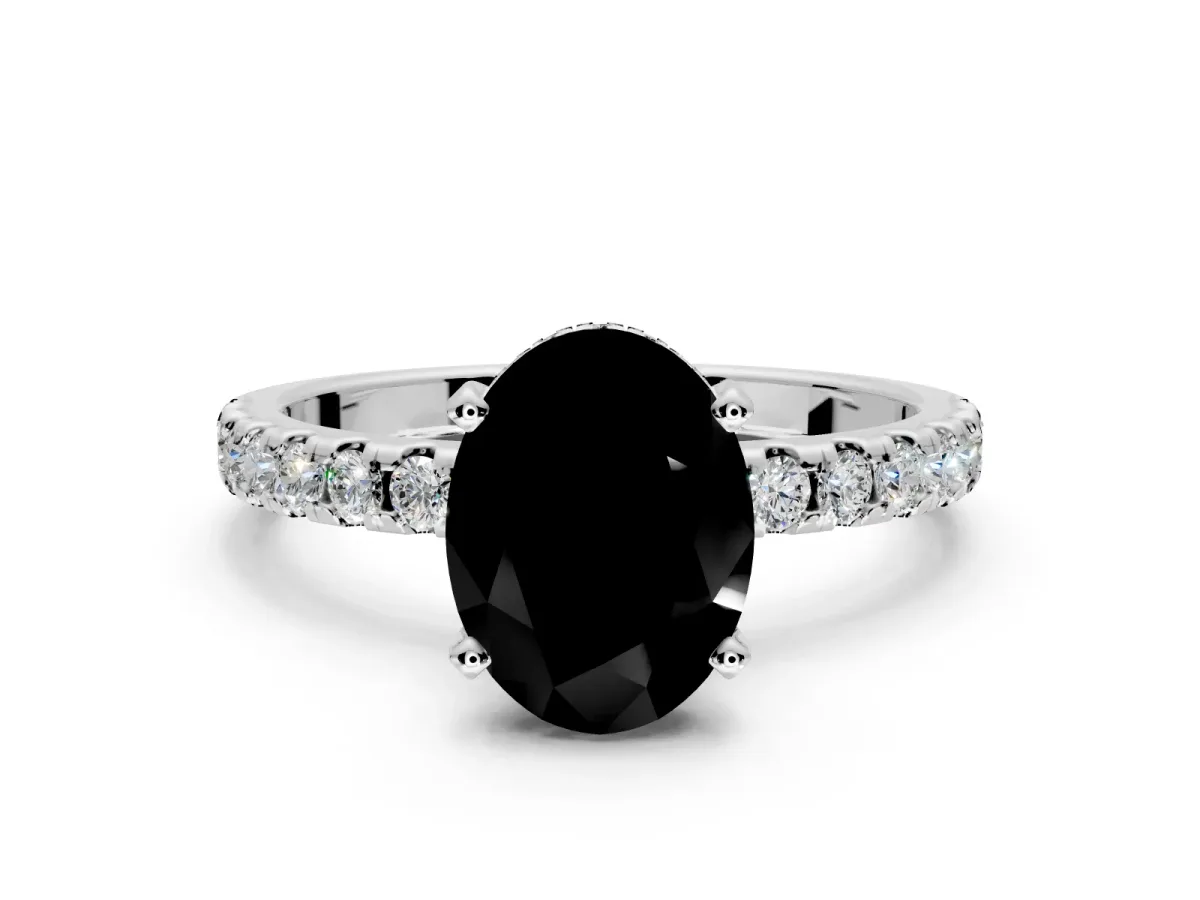 Solitaire Engagement Ring Setting for Fancy Black Oval Center with Band of Accents and Prong Head in Sterling Silver