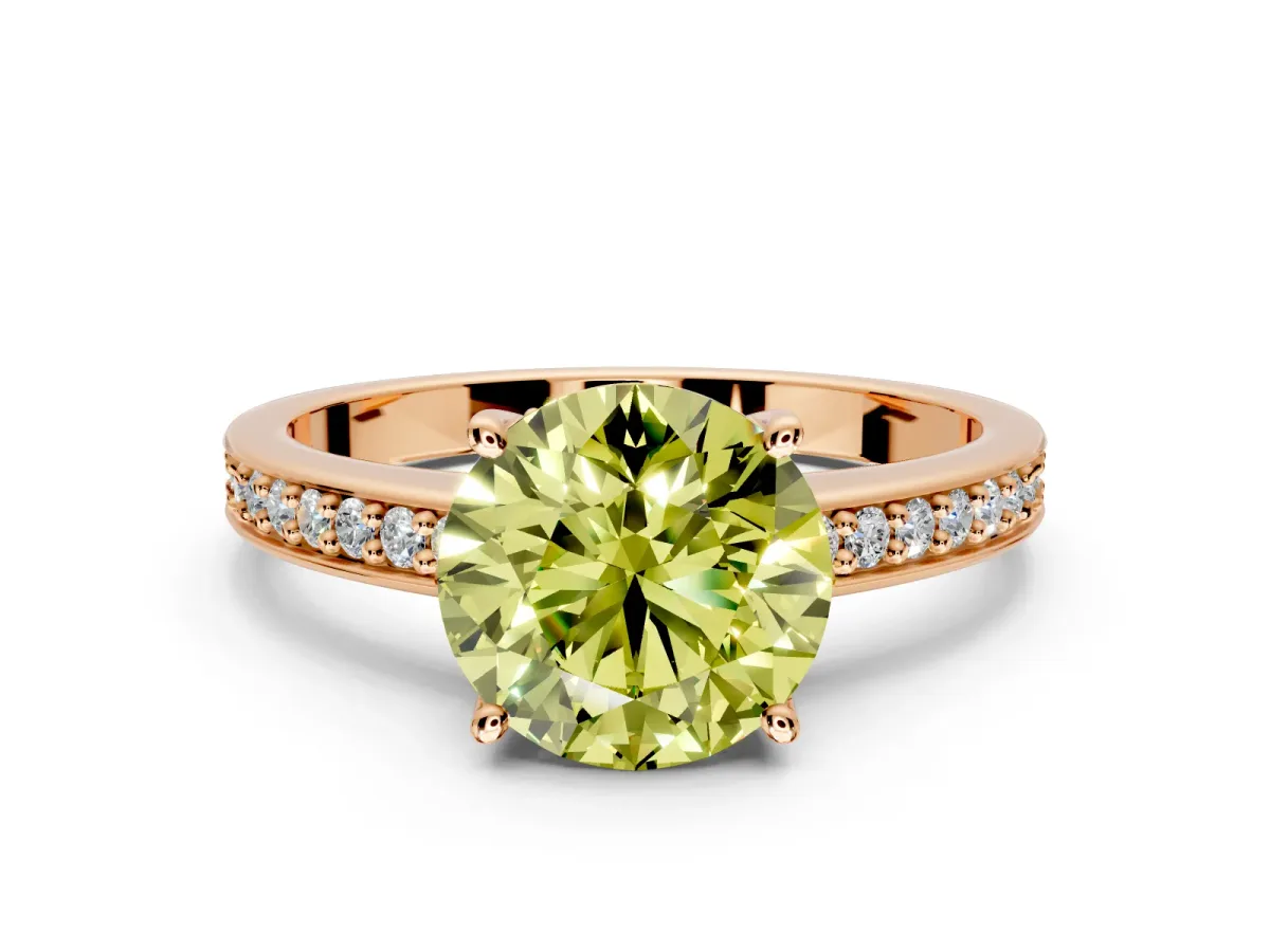 Solitaire Engagement Ring Setting for Fancy Yellow Round Cut Center with Channel-Set Accent Band and Prong Head in Rose Gold