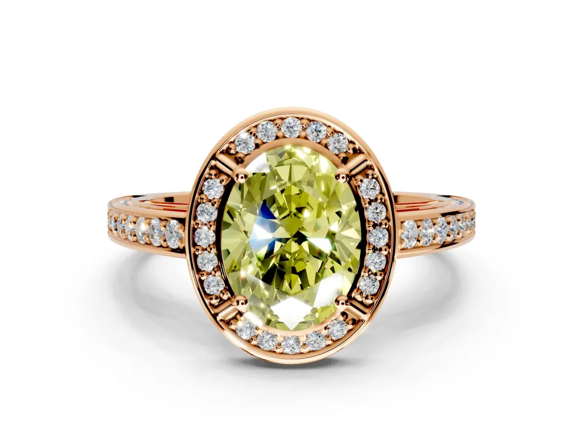 Halo Engagement Ring Setting for Fancy Yellow Oval Center with Framed Halo, Pave Band and Prong Head in Rose Gold
