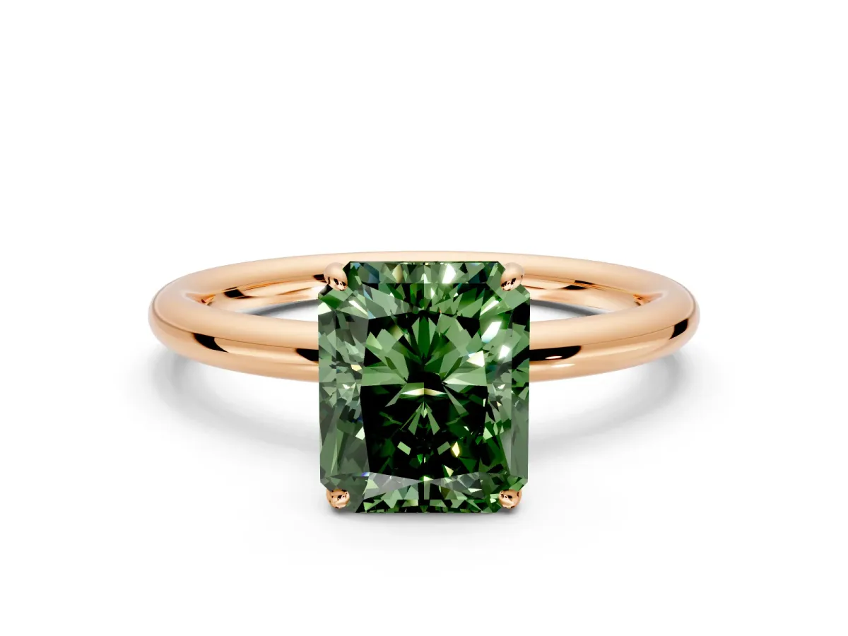 Low-Set Solitaire Engagement Ring Setting for Fancy Green Radiant Cut Center with Thin Plain Band and Prong Head in Rose Gold